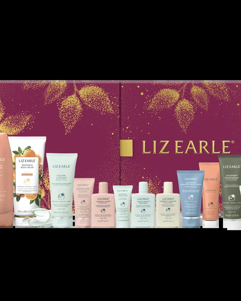 Адвент-календарь Liz Earle 12 Days of Beauty 2026: бордовая коробка с золотым принтом и средства для ухода